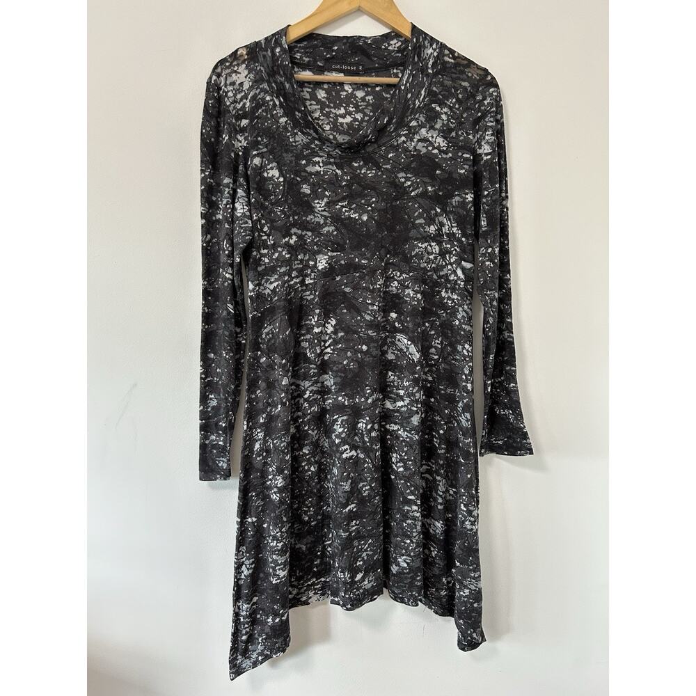 Cut Loose Long Sleeve Cowl Print Dress Size Medium Gray‎ Black Fall Boho